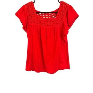 ST JOHNS BAY Women's Size Med Red Short Sleeve Eyelet Square Neck Top Blouse